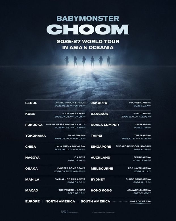 Daftar kota dan jadwal konser BABYMONSTER 'CHOOM'/ Foto: instagram.com/babymonster_ygofficial Pada (11/5), BABYMONSTER merilis serangkaian jadwal tur dunia terbaru yang bertajuk 'CHOOM'.