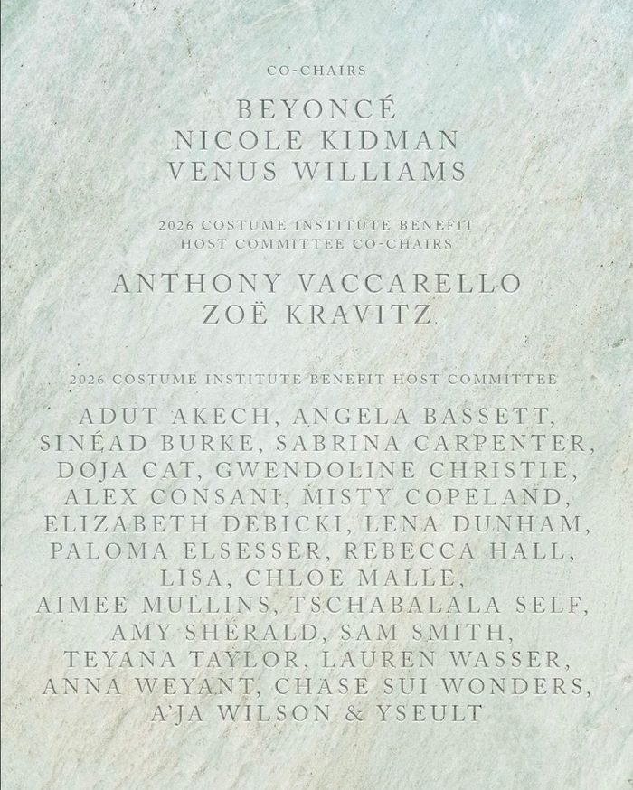 Beyoncé, Nicole Kidman, Venus Williams, dan Anna Wintour sebagai co-chair MET Gala 2026. Jeff Bezos dan Lauren Sánchez akan menjadi honorary chair