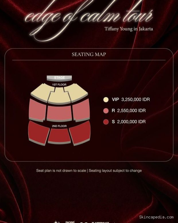 Poster seatplan dan pricelist konser Tiffany Young 'Edge of Calm' Promotor menawarkan tiga jenis seatplan dengan beragam harga untuk konser Tiffany Young 'Edge of Calm' di Jakarta.