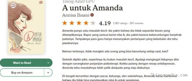 A untuk Amanda, rekomendasi novel kesehatan mental/Foto: Dok. Goodreads Dari penulis lokal, rekomendasi novel kesehatan mental ini menghadirkan kisah yang sangat dekat dengan realitas perempuan Indonesia.